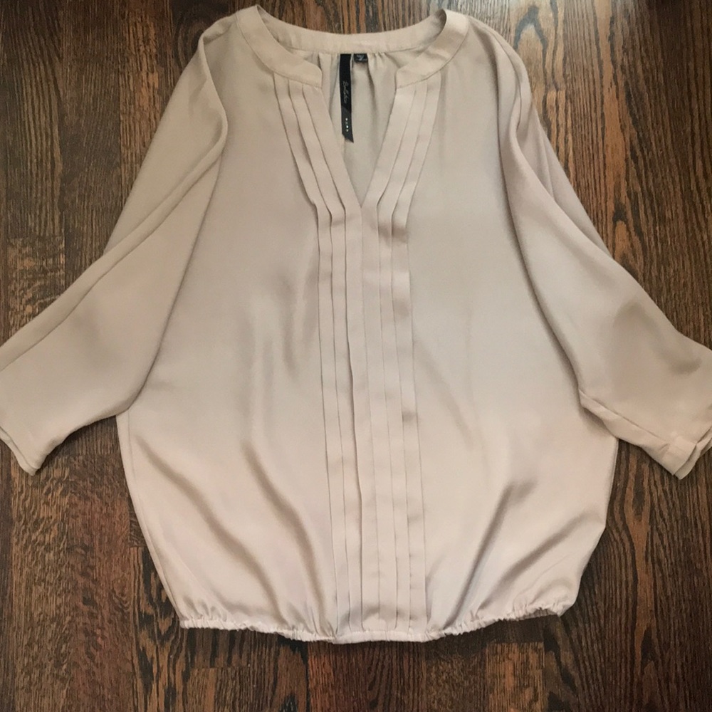 Tan Flowy Silk Blouse. Loose Elastic Waist.